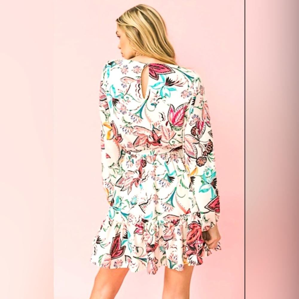 NWT Baltic Born white floral mini dress and ruffle hem w 3/4 puff sleeves - Picture 4 of 17